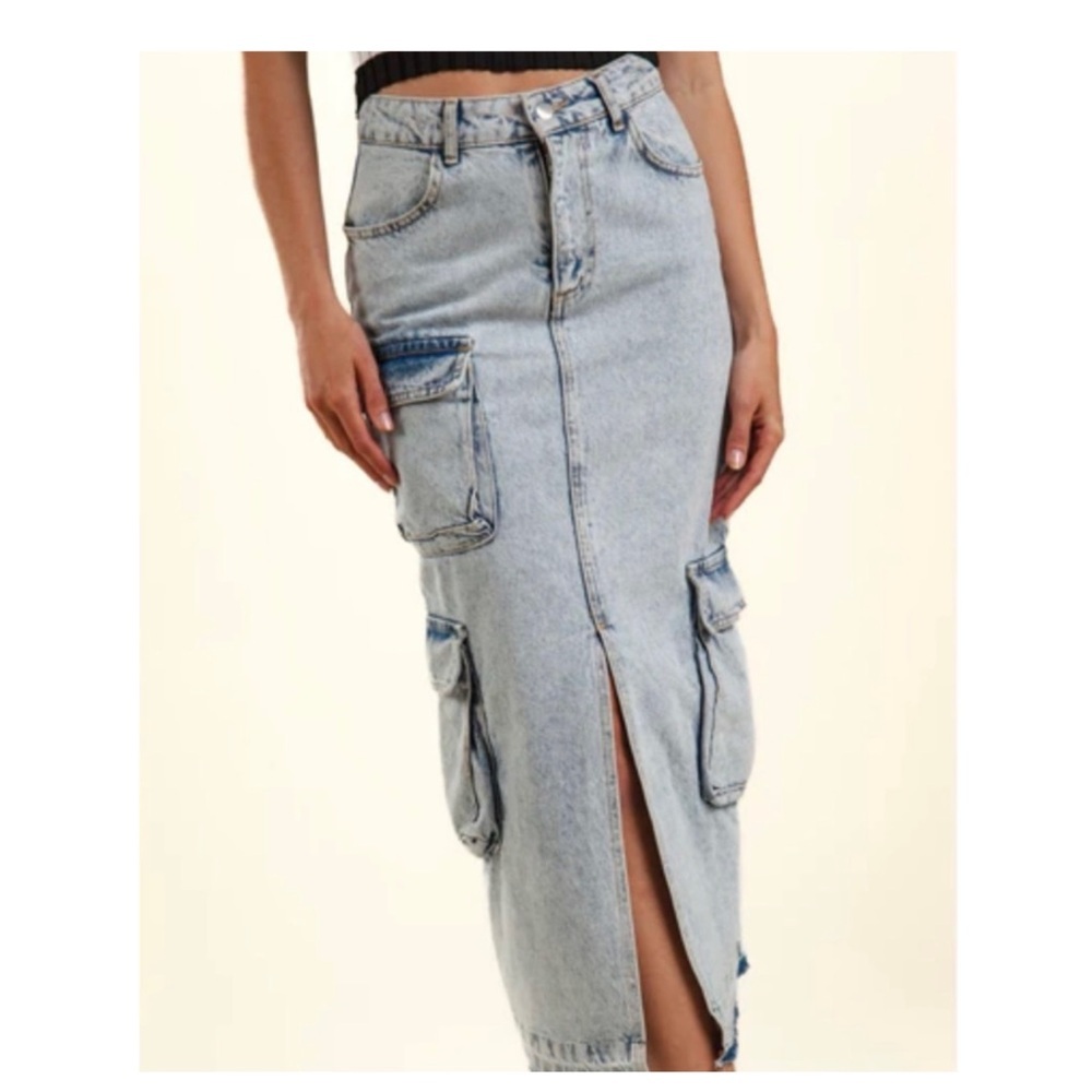 Light Blue Denim Cargo Midi Skirt with Front Slit